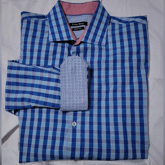 NWOT Park West Blue Check Plaid Button Down Dress Shirt, Floral Flip Cuffs, sz L - Picture 1 of 9